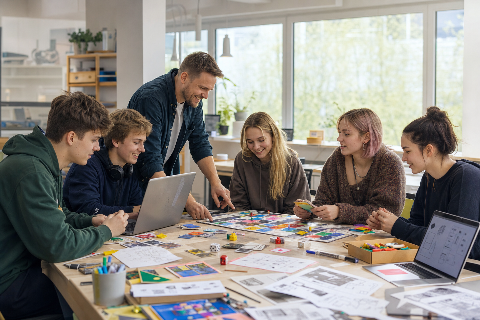 Teenagers and mentor creating a board game prototype